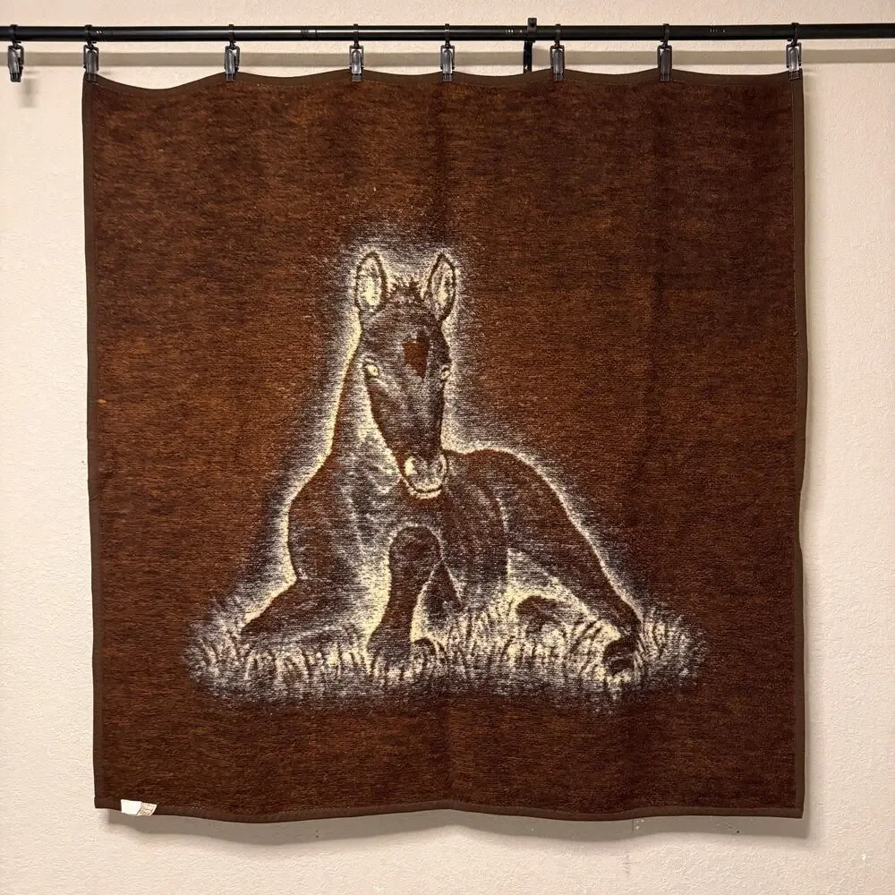 Vtg 80s Biederlack baby horse throw blanket - foal colt laying down brown 52x52